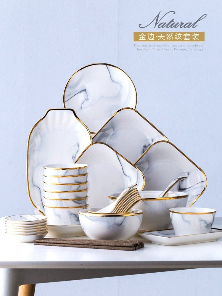 Nordic Marble Ceramic Tableware Set with Gold Trim