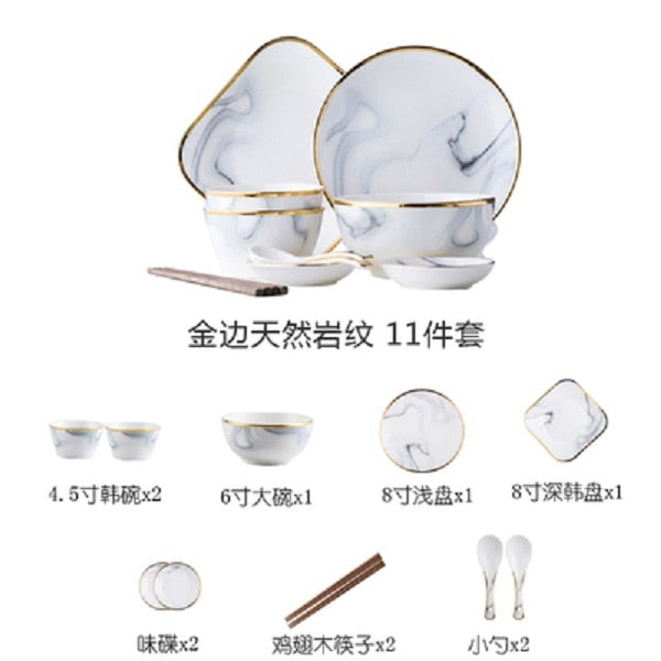 Nordic Marble Ceramic Tableware Set with Gold Trim