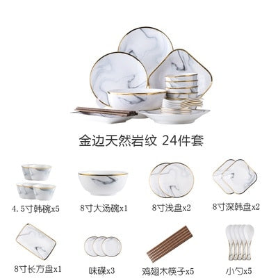 Nordic Marble Ceramic Tableware Set with Gold Trim