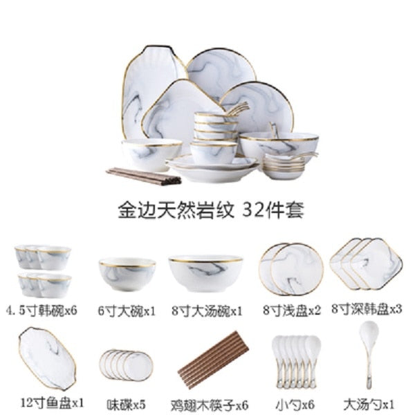 Nordic Marble Ceramic Tableware Set with Gold Trim